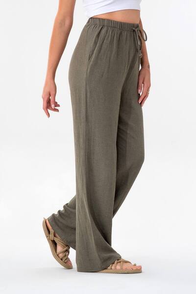 Fashion Showcase Linen Elastic Waist 100% Natural Fabric Trousers Khaki