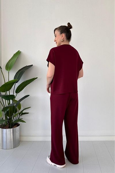 MaziButik Modal Suit with Shoulder Pearls Claret Red