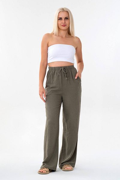 Fashion Showcase Linen Elastic Waist 100% Natural Fabric Trousers Khaki