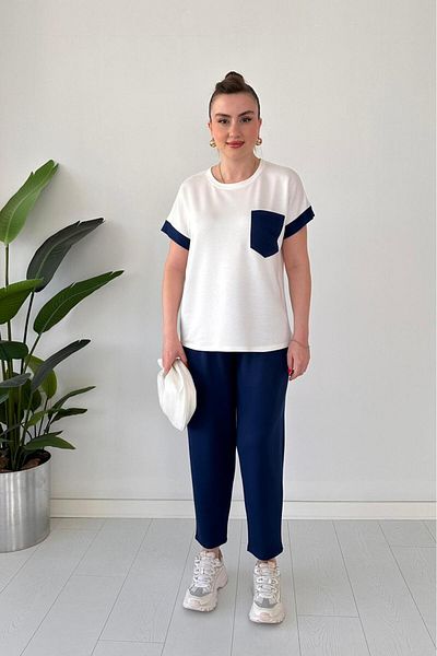 MaziButik Pocket Garnished Double Set Navy Blue