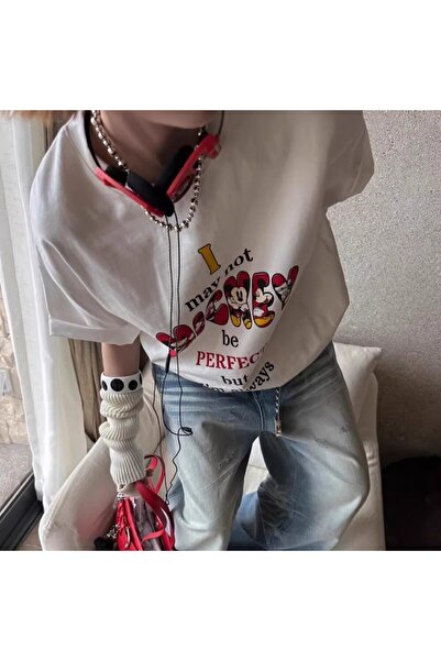 Unique Unisex Kadın Erkek Mickey Mous Özel Baskılı Oversize Pamuk Penye T-shi...