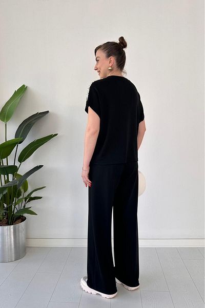 MaziButik Modal Suit with Shoulder Pearls Black
