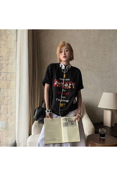 Unique Unisex Kadın Erkek Mickey Mous Özel Baskılı Oversize Pamuk Penye T-shi...