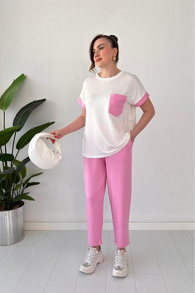 MaziButik Pocket Garnished Double Set Pink