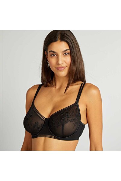 KIABI Embroidered mesh demi-cup bra for D&E cups black