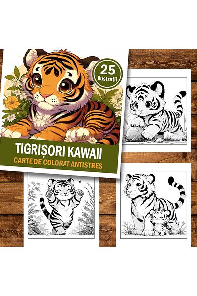 Legendary Gifts Mini coloring book for relaxation and anti-stress, 25 Kawaii Tigers illustrations, 56 pages