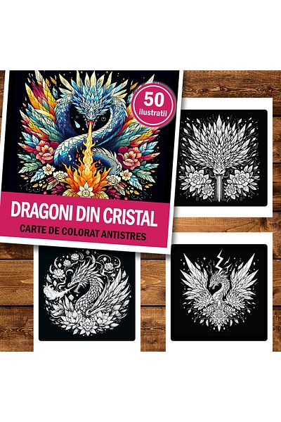 Legendary Gifts Mini coloring book for relaxation and anti-stress, 50 Crystal Dragons illustrations, 106 pages