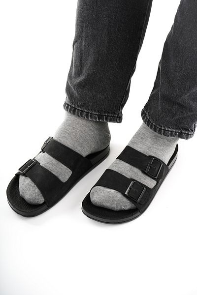 Babetty Lightweight Double Buckle Men's Massage Sole Anatomical Orthopedic Slippers Adjustable Artificial Leather