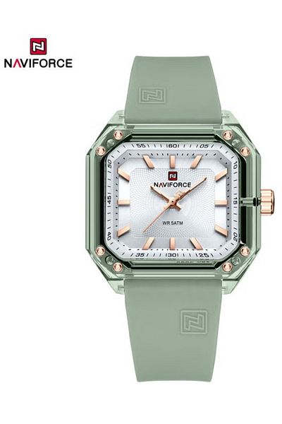 Naviforce Watch Elegant Green Silicone Strap White Face Water Resistant Modern Timepiece for Men and Women