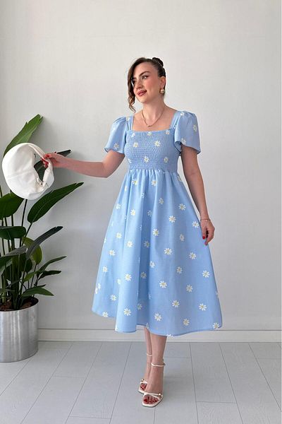 MaziButik Daisy Bell Sleeve Poplin Dress Baby Blue