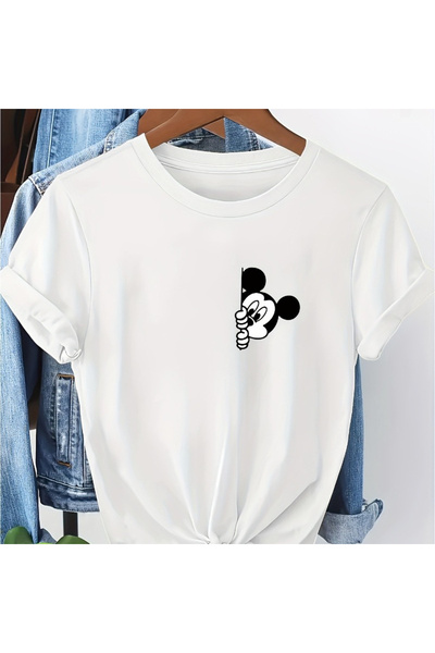 Unique Unisex Kadın Erkek Mickey Mous Özel Baskılı Oversize Pamuk Penye T-shi...