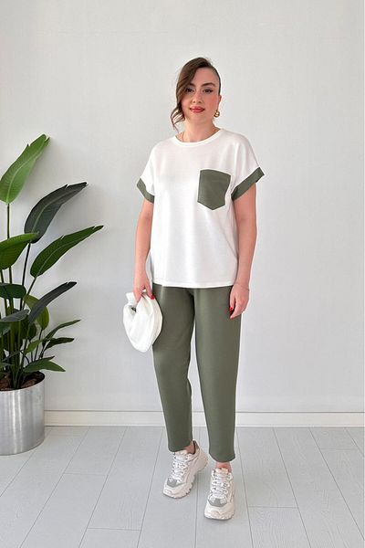 MaziButik Pocket Garnished Double Set Khaki
