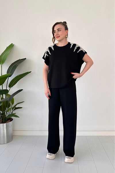 MaziButik Modal Suit with Shoulder Pearls Black
