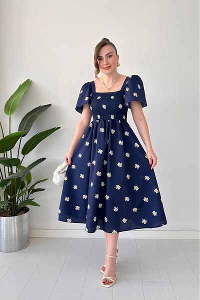 MaziButik Daisy Bell Sleeve Poplin Dress Navy Blue