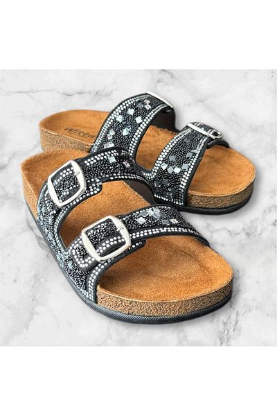 Witta Women's Double Buckle Black Stone Orthopedic Comfort Sole Slippers
