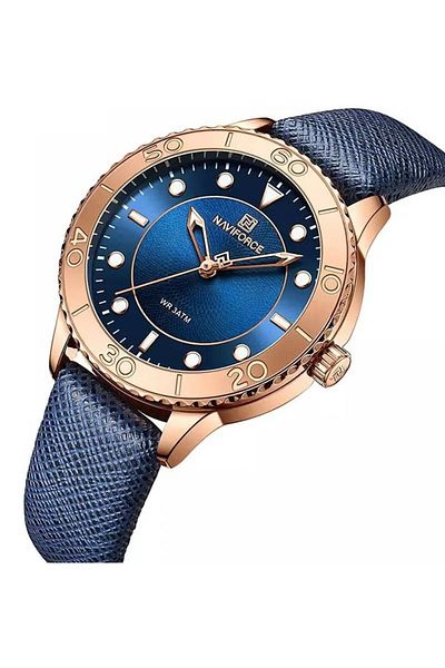 Naviforce Elegant Women's Quartz Watch Stylish Round Dial with Textured Design Rotating Bezel Leather Strap