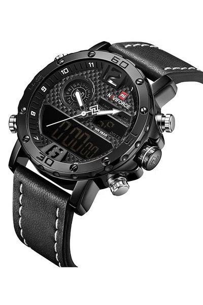 Naviforce Mens Black Dial Black Leather Strap Watch Analog Digital Quartz Waterproof Chronograph