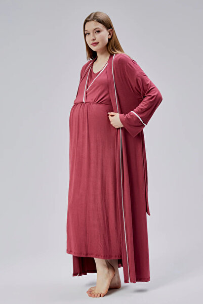 Lohussa Women's Fusya Piping Special Design Full Length 100% Cotton Summer Maternity Maternity Dressing Gown Nightgown Set