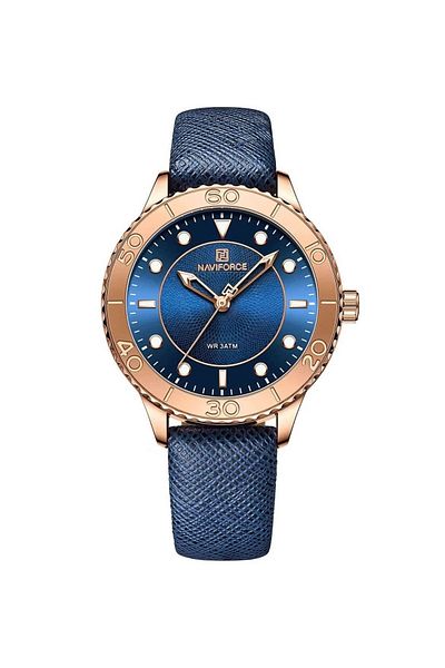 Naviforce Elegant Women's Quartz Watch Stylish Round Dial with Textured Design Rotating Bezel Leather Strap