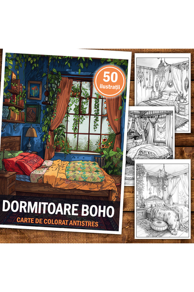 Legendary Gifts Carte de colorat antistres, 50 de imagini Dormitoare Boho, 10...
