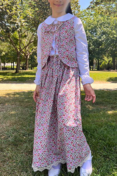 Masnu Çocuk Girl's Pink Cotton Floral Long Skirt Vest Hijab Suit