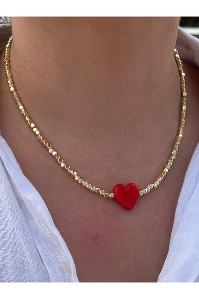Twinssis Accessories Red Heart Murano Model Gold Cube Necklace