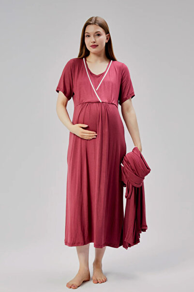 Lohussa Women's Fusya Piping Special Design Full Length 100% Cotton Summer Maternity Maternity Dressing Gown Nightgown Set