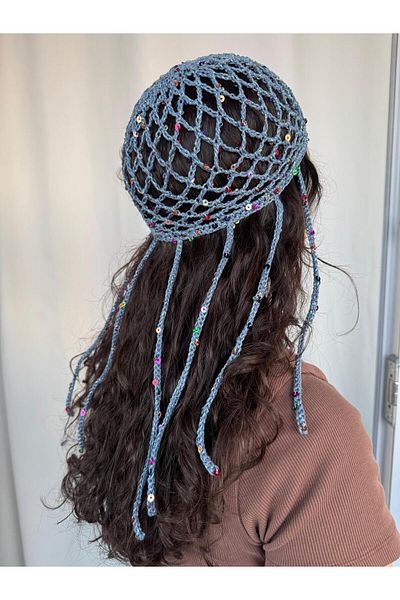 A&D HANDMADE Hand Knitted Mesh Beanie Hat >Pul Detail Mesh Hat>Hair Accessory