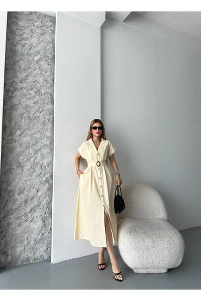 vesantia Rochie lungă de damă din poplin galben unt cu mâneci liliac și detaliu de centură