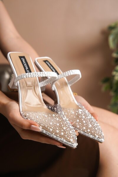 Öncerler Ayakkabı Pantofi de seară cu toc cu pahar de piatră transparentă pen...