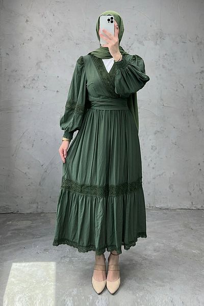 Tesettür Diyarı Women's Cotton Guipure Detailed Belted Double Suit