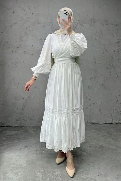 Tesettür Diyarı Women's Cotton Guipure Detailed Belted Double Suit