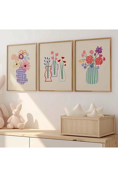 NT Handmade Natural Wooden Framed Uv Printing 3-Piece Colorful Flower Pattern Painting Set – Modern & Stylish Wall Decor