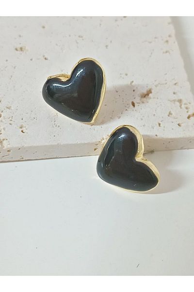 mos&more Black Enamel Curved Heart Earrings