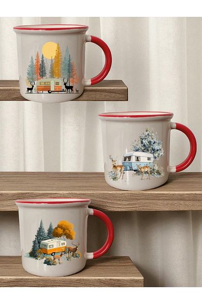 lili hediyelik Deer and Caravan Printed Set of 3 Ceramic Mouth Red Mug - Home Kitchen Office Workplace Utensil