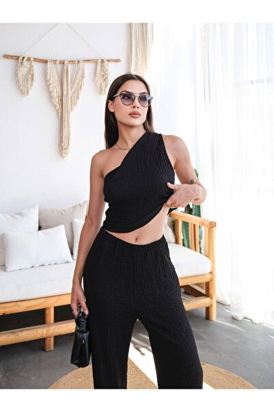 orjinal blue b Women's Black Wrinkle Fabric Single Shoulder Crop&Pants Set-Mx13654