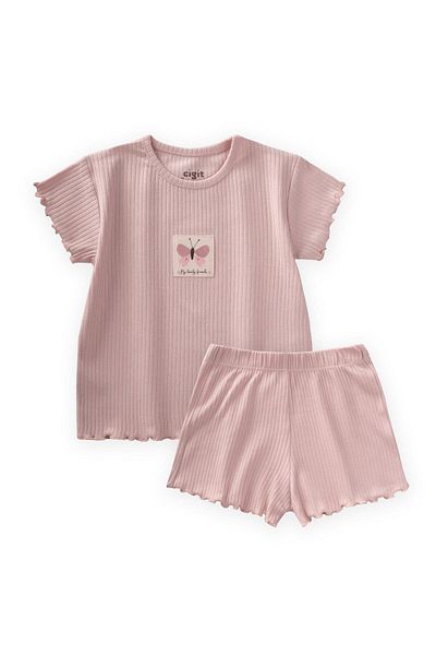 Cigit Ribbed Shorts Suit 1-7 Years Powder Pink