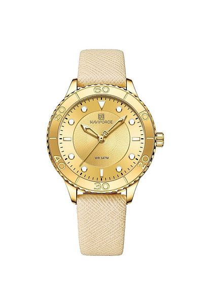 Naviforce Elegant Women's Quartz Watch Stylish Round Dial with Textured Design Rotating Bezel Leather Strap