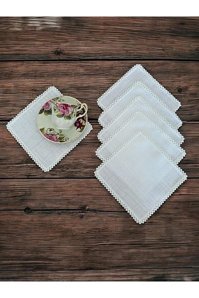 kissen 6 Pieces Linen Ecru Color Pearl Embroidered Cocktail Presentation Napkin