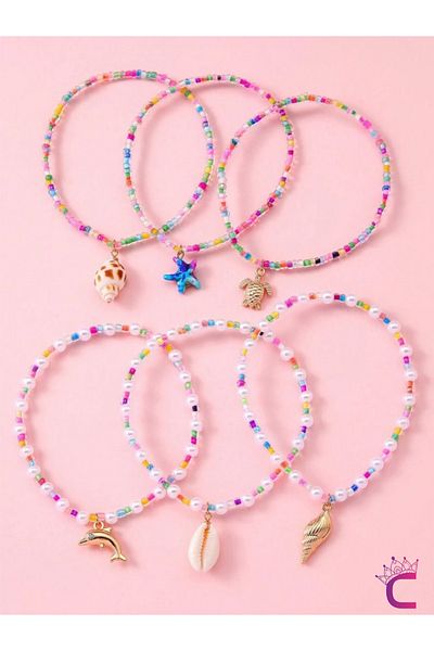 Cinderella Dolphin Turtle Starfish 6-Piece Combination Young Girl's Pearl Colored Beaded Anklet