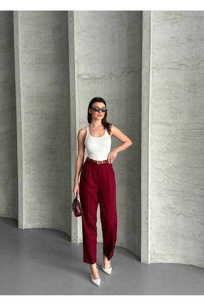 vesantia Women's Burgundy Belted Carrot Cut Fabric Trousers