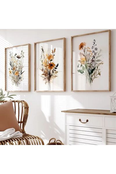 NT Handmade Natural Wooden Framed Uv Printing 3-Piece Flower Bouquet Painting Set – Modern & Stylish Wall Decor
