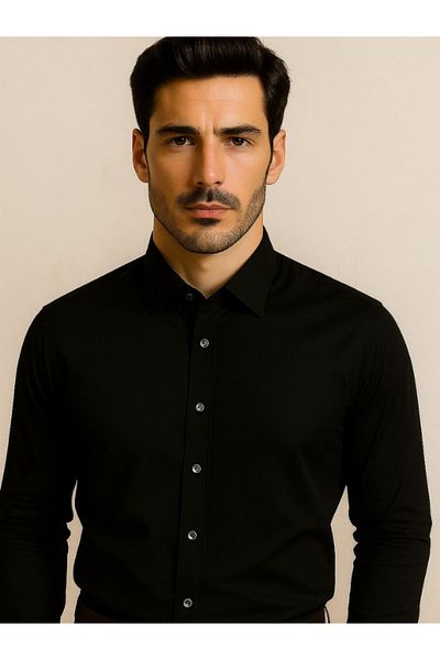 CASSIS Ανδρικό Slim Fit Βαμβακερό Σατέν Μαύρο Βαμβακερό πουκάμισο