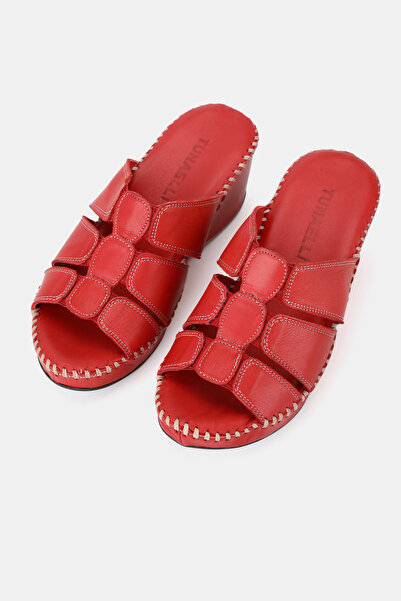 TUNAELLİ Women's Red Khaki Natural Leather 35-41 Number Wedge Heel Slippers