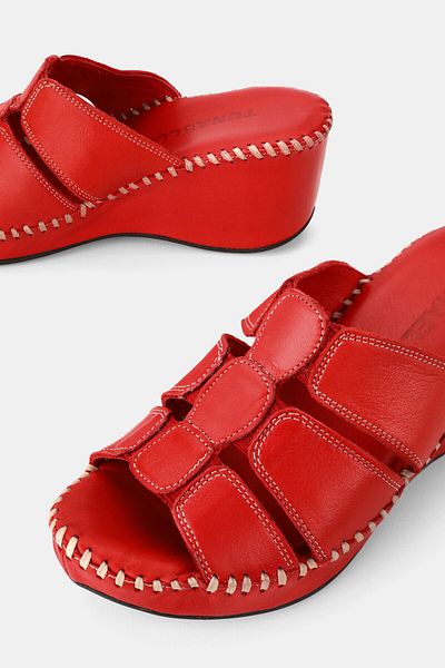 TUNAELLİ Women's Red Khaki Natural Leather 35-41 Number Wedge Heel Slippers