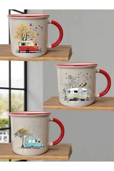 lili hediyelik Bird and Caravan Printed Set of 3 Ceramic Mouth Red Mug Cups - Home Kitchen Office Workplace Utensils