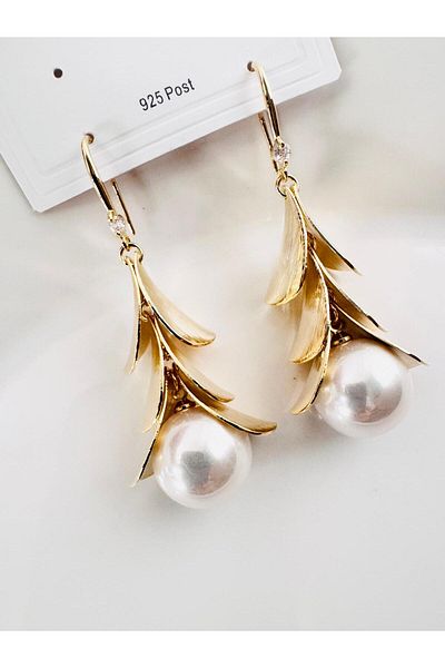 DEVİ fashion Leaf Pearl Earrings with Dangle 6 cm
