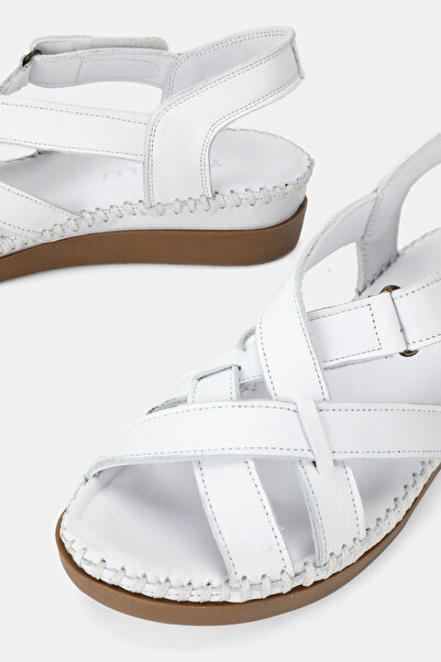 TUNAELLİ Women's White Genuine Leather 35-41-42 Number Strapped Flat Wedge Heels Side Open Sandals