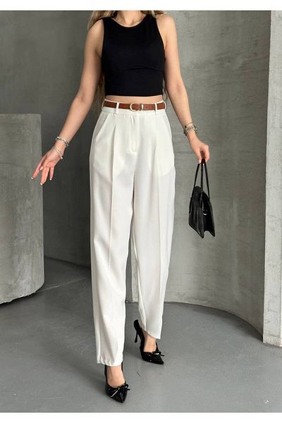 vesantia Women's White Belted Carrot Cut Fabric Trousers