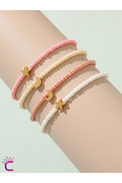 Cinderella Moon and Star 4-Piece Combination Young Girl's Soft Beaded Anklet